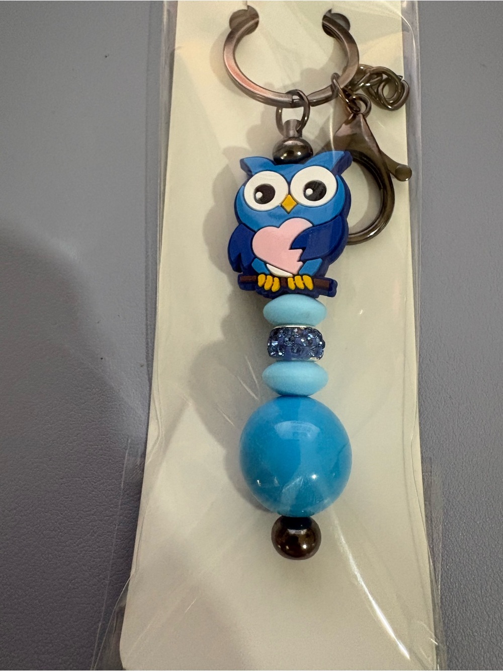 Hand Crafted Blue Owl Heart Keychain - Gunmetal Hardware